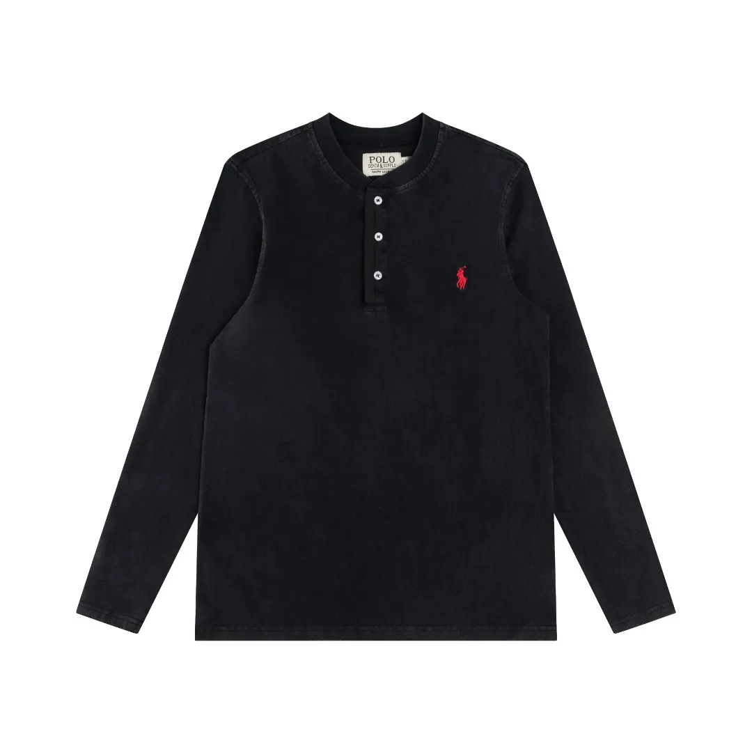 P196 R85 Ralph Lauren five-color washed heavy-duty brushed henley stand-up collar open chest long-sleeved bottoming shirt thin sweatshirt fabric 100% Xinjiang long-staple cotton, imported embroidered logo on the chest custom threaded collar, classic embroidery, the highest version, suitable for business and leisure daily use! 🌘3-button placket, laser logo pearlescent resin buttons, cuffs and hem are double-stitched, different from the currency version. Washed and distressed, sand-washed and stir-fried. Color: White, Black, Navy Blue, Army Green, Gray Size: S M L XL Length: 69/70/72/75 Bust: 102/108/116/124 Shoulder width: 43/45/47/49 Recommended weight: 100-120/120-140/140-160/160-180 pounds